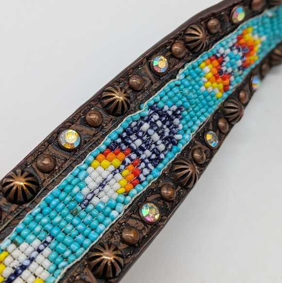 RODS Brown Blue Beaded Rhinestone Leather Belt XL